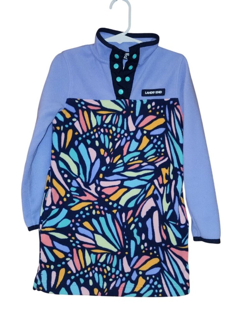 Lands End Girls XS Fleece Pullover Dress Butterfly Print Light Blue & Multicolor